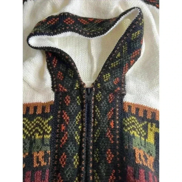 Handmade Peru Women's Alpaca White Multi‎ Cardigan Sweater Hood Zip up size: L - Picture 10 of 12